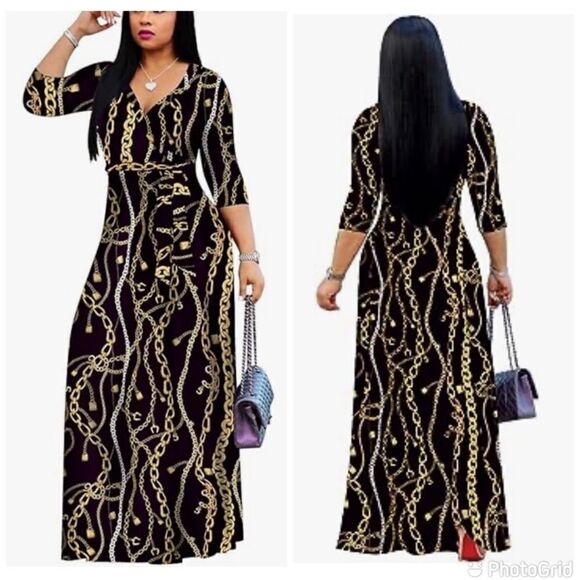 Women Casual Maxi V-Neck 3/4 Sleeve Chain Print Dress - Picture 1 of 12